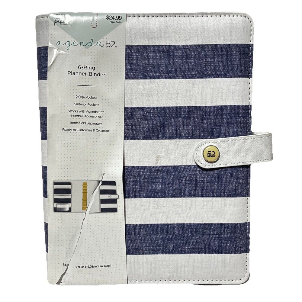 Paper Studio Agenda 52 Binder 6 Ring Planner Blue White Stripe 7.5” X 9.5” New